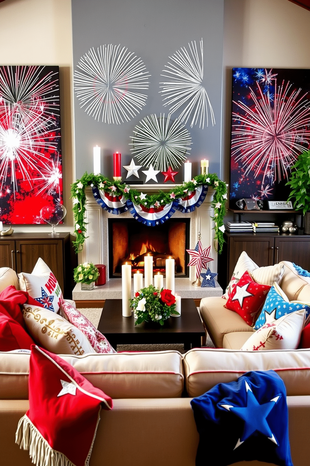 Create a vibrant living room that celebrates Independence Day with fireworks inspired art pieces. The walls are adorned with large canvases featuring colorful explosions of light and color, while a cozy fireplace is decorated with red, white, and blue accents. In front of the fireplace, arrange a stylish seating area with plush cushions and throws that echo the festive theme. Add decorative elements like star-shaped candles and a patriotic garland to enhance the celebratory atmosphere.