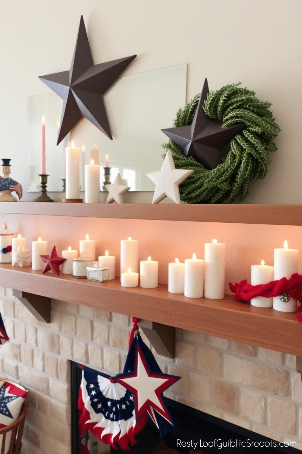 A cozy fireplace adorned for Independence Day features a rustic mantel decorated with star-shaped candles in various sizes. The candles are arranged in clusters, complemented by red, white, and blue accents that evoke a festive spirit.