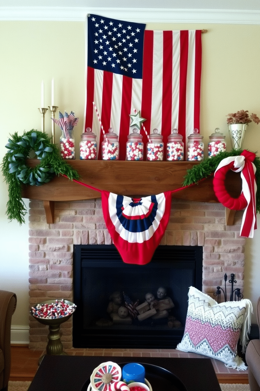 A cozy living room setting featuring a fireplace adorned with patriotic decorations. On the mantel, glass jars filled with red, white, and blue candies create a festive atmosphere for Independence Day. The fireplace itself is framed by a rustic wooden mantle, with an American flag draped elegantly above it. Surrounding the fireplace, comfortable seating invites guests to gather and celebrate the holiday.