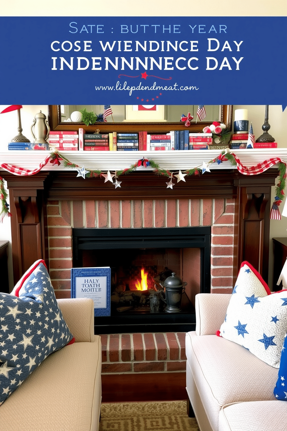 Create a cozy living room setting for Independence Day. There is a beautifully arranged fireplace adorned with seasonal books featuring patriotic covers, creating a festive atmosphere. The mantel is decorated with red, white, and blue accents, including small flags and star-shaped ornaments. Plush seating is positioned around the fireplace, inviting relaxation and celebration.