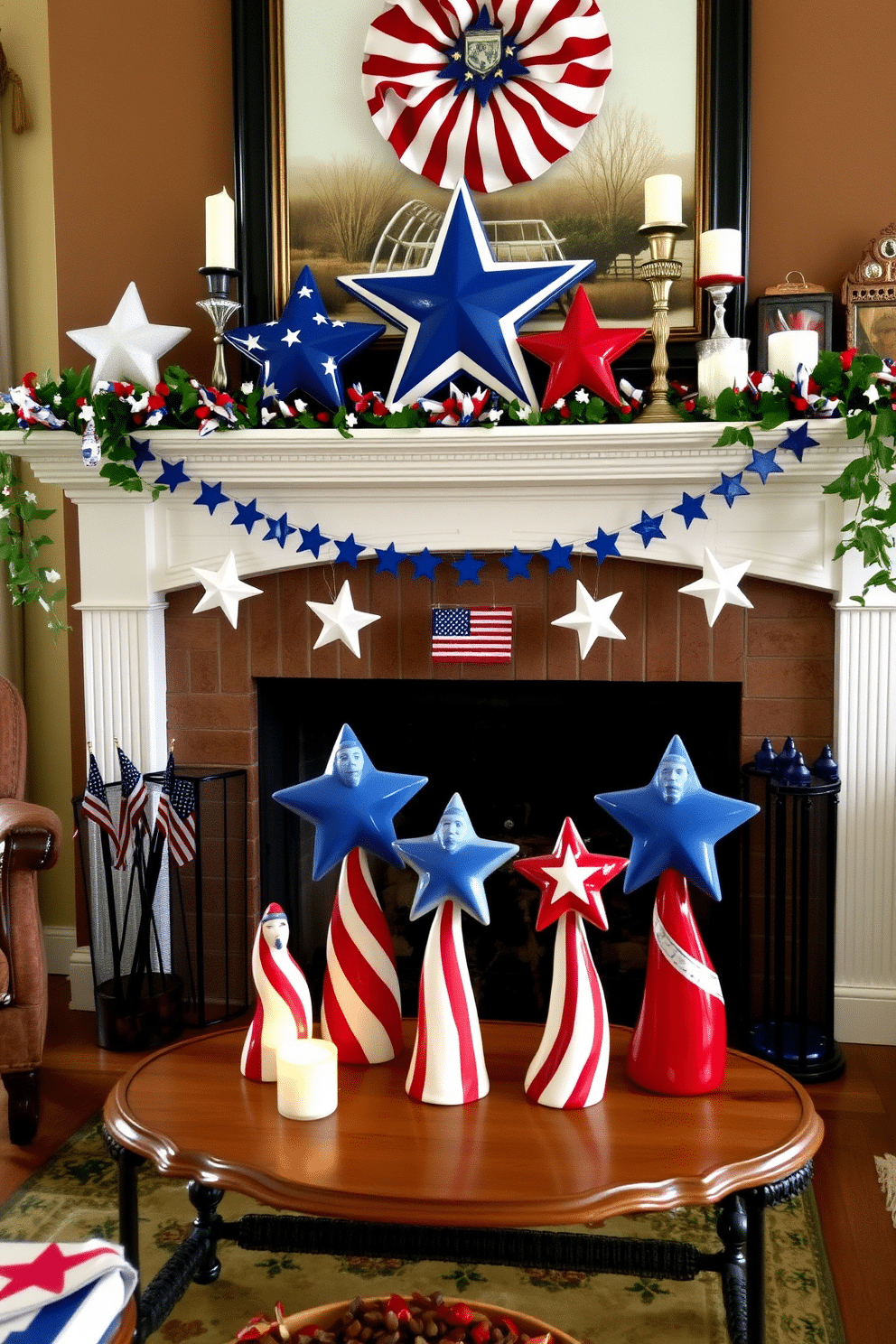 A cozy living room setting featuring a fireplace adorned with ceramic stars and stripes figurines to celebrate Independence Day. The mantle is decorated with a mix of red white and blue accents including garlands and candles creating a festive atmosphere.