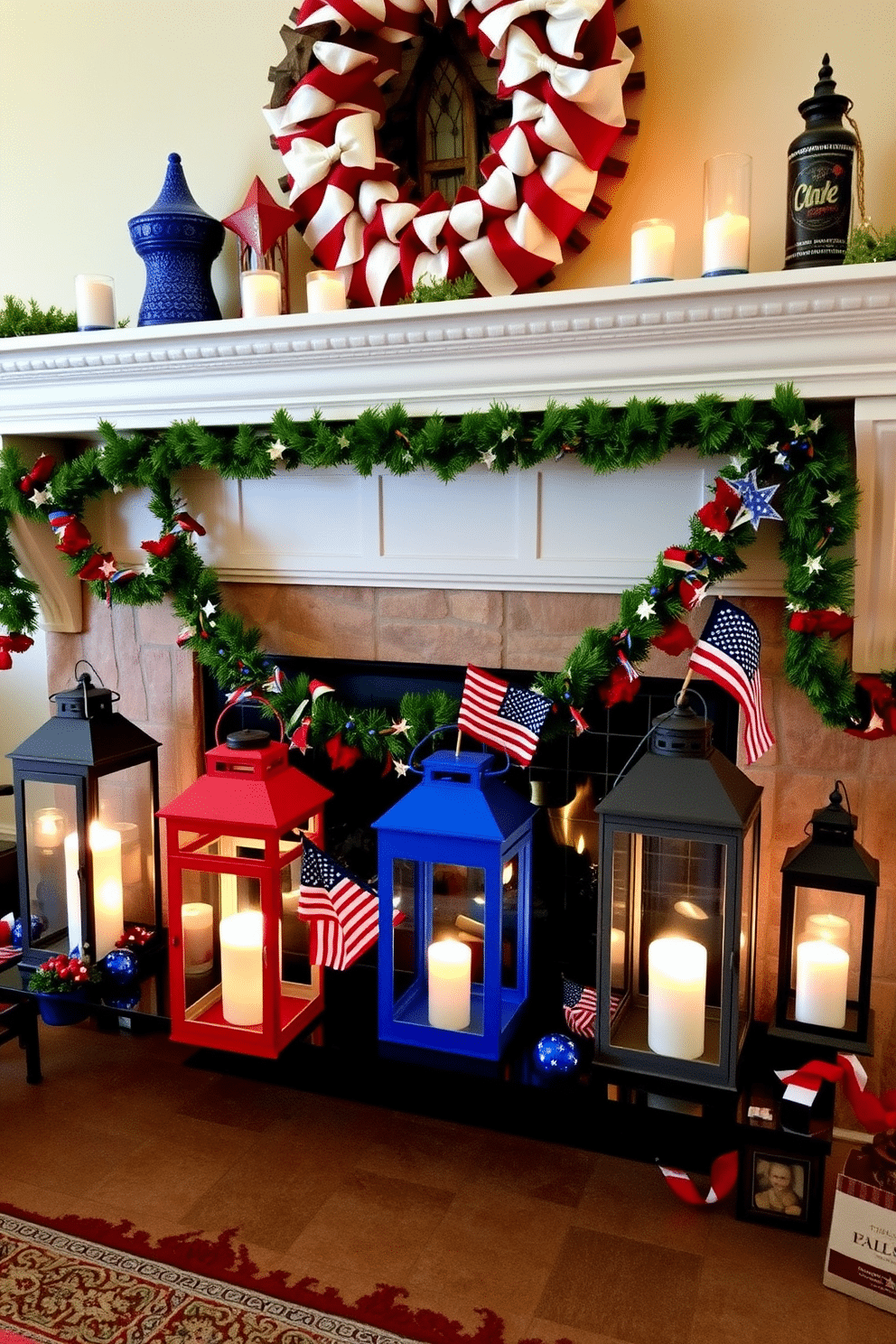 A cozy living room setting for Independence Day. The fireplace is adorned with red white and blue decorations including lanterns with battery operated candles placed on the mantel. The flickering candlelight creates a warm and inviting atmosphere. Patriotic garlands and small American flags are interspersed among the lanterns for a festive touch.