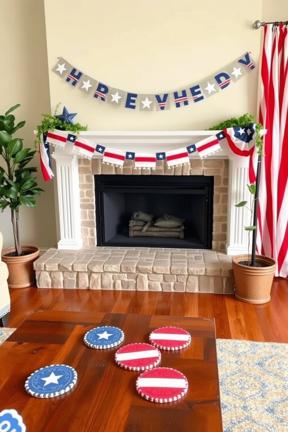 A cozy living room featuring a fireplace adorned with red white and blue themed coasters. The coasters are placed on a rustic wooden coffee table, complementing the patriotic decor that celebrates Independence Day. Above the fireplace, a festive garland of stars and stripes creates a cheerful atmosphere. Flanking the fireplace, two potted plants add a touch of greenery to the red white and blue color scheme.