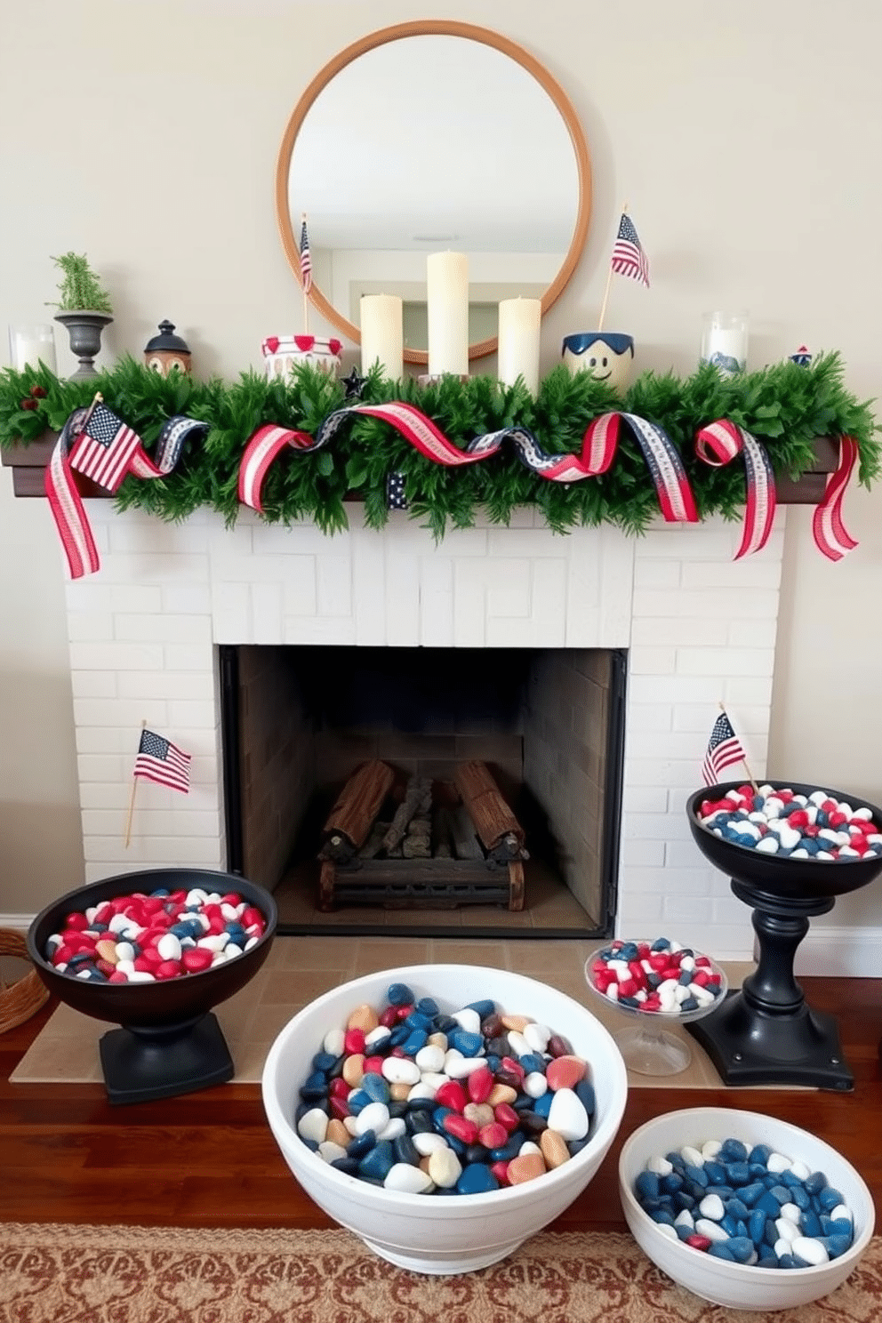 Create a cozy and festive fireplace setting for Independence Day. Arrange decorative bowls filled with colorful stones in red, white, and blue on the mantelpiece, accompanied by small American flags and candles for added ambiance. Adorn the fireplace with a garland of greenery intertwined with stars and stripes ribbon. Place a few larger decorative bowls on the hearth, showcasing an assortment of vibrant stones to enhance the patriotic theme.