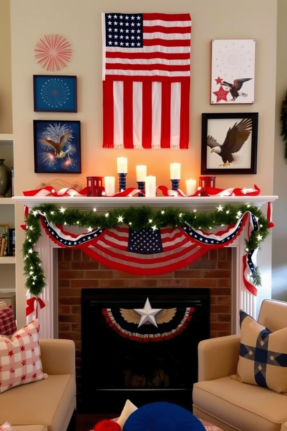 Create a cozy living room with a patriotic theme centered around a fireplace. Above the mantel, hang vibrant wall art featuring the American flag and symbols of Independence Day, such as fireworks and eagles. The fireplace itself is adorned with red, white, and blue decorations, including garlands and candles. Surround the area with comfortable seating, accented by throw pillows in coordinating colors to enhance the festive atmosphere.