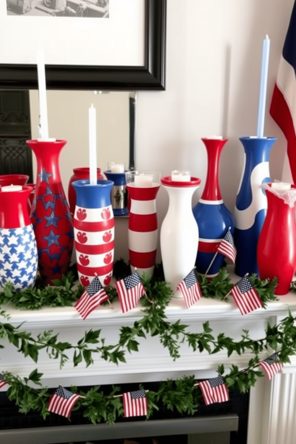 A collection of vibrant red white and blue themed vases is arranged on a mantelpiece to celebrate Independence Day. Each vase features unique patterns and textures, creating a festive and patriotic display. The fireplace is adorned with garlands of greenery interspersed with small American flags. Candles in coordinating colors are placed within the vases, adding warmth and ambiance to the space.