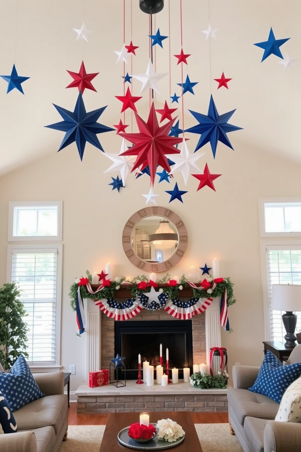 A cozy living room adorned with crafted paper stars hanging from the ceiling in red white and blue colors. The fireplace is decorated with patriotic garlands and candles creating a warm and inviting atmosphere for Independence Day celebrations.