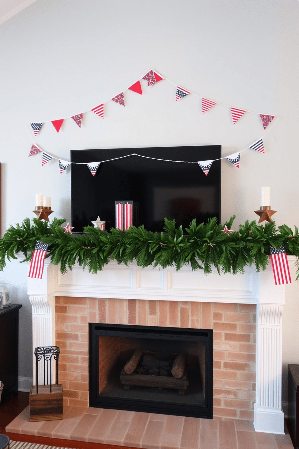 A cozy living room setting with a fireplace as the focal point. Above the mantel, festive banners in red white and blue are strung across creating a patriotic atmosphere. The mantel is adorned with small decorative items like stars and stripes candles. A lush green garland wraps around the mantel adding a touch of nature to the festive decor.