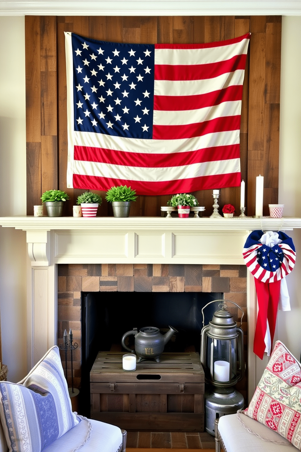 A vintage American flag is elegantly draped over a rustic wooden mantel, creating a patriotic focal point for the room. Surrounding the flag, red white and blue accents such as small potted plants and candles enhance the festive atmosphere. The fireplace is adorned with a collection of vintage Americana decor including a weathered wooden crate and antique lanterns. A cozy seating area with plush cushions invites guests to gather and celebrate the spirit of Independence Day.