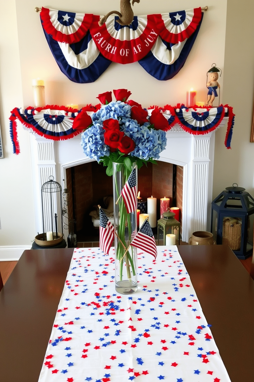 A festive table centerpiece for Fourth of July featuring a large white tablecloth adorned with red and blue star-shaped confetti. In the center, a tall glass vase filled with fresh red roses and blue hydrangeas stands proudly, surrounded by small American flags. A cozy fireplace decorated for Independence Day with a garland of red, white, and blue bunting draped across the mantel. On the hearth, a collection of rustic lanterns and candles in patriotic colors create a warm and inviting atmosphere.