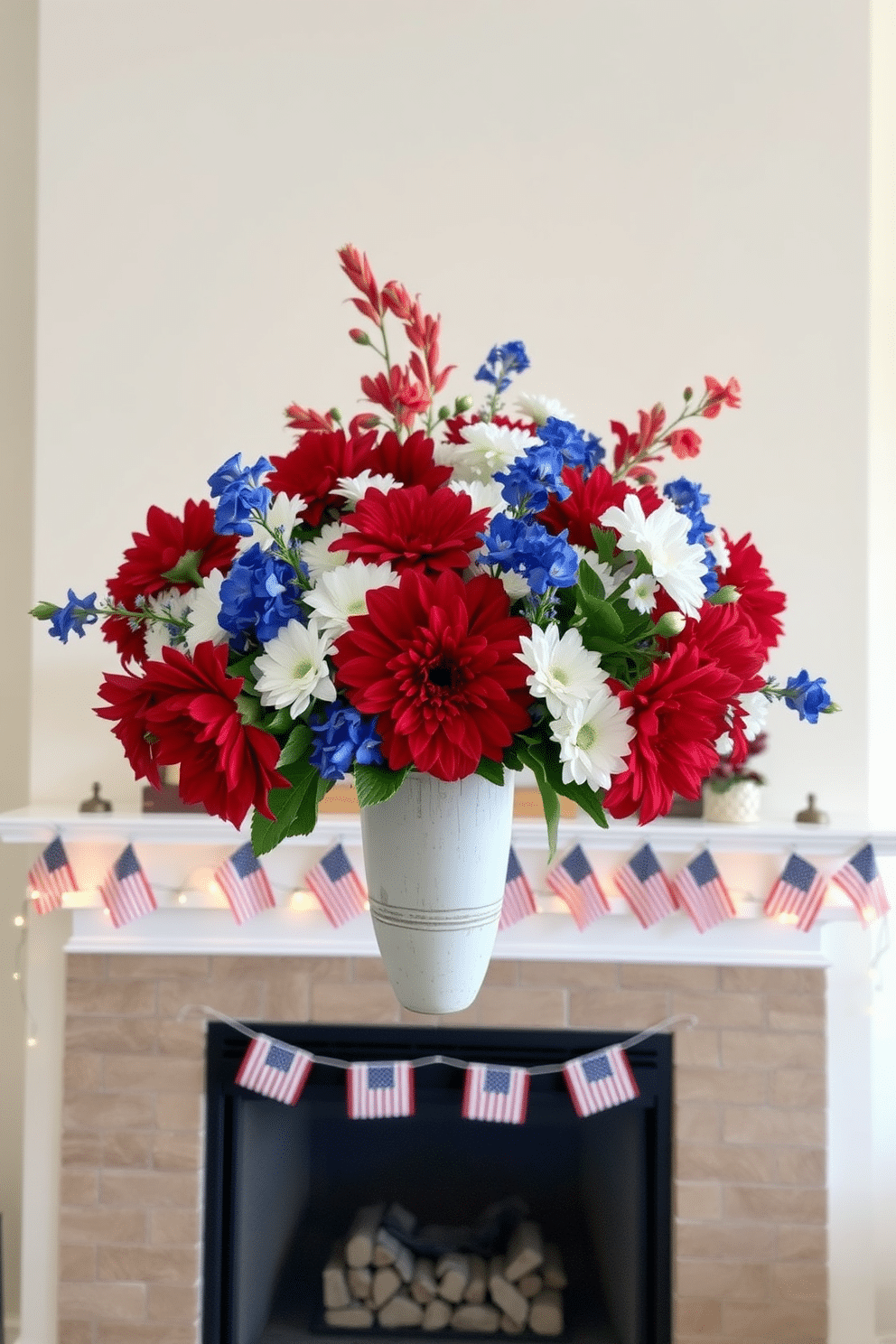 A vibrant floral arrangement featuring red white and blue flowers is artfully displayed in a rustic vase. The arrangement captures the spirit of Independence Day, bringing a festive touch to the room. Above the fireplace, a simple yet elegant mantel is adorned with small American flags and twinkling string lights. This decor creates a warm and inviting atmosphere perfect for celebrating the holiday.