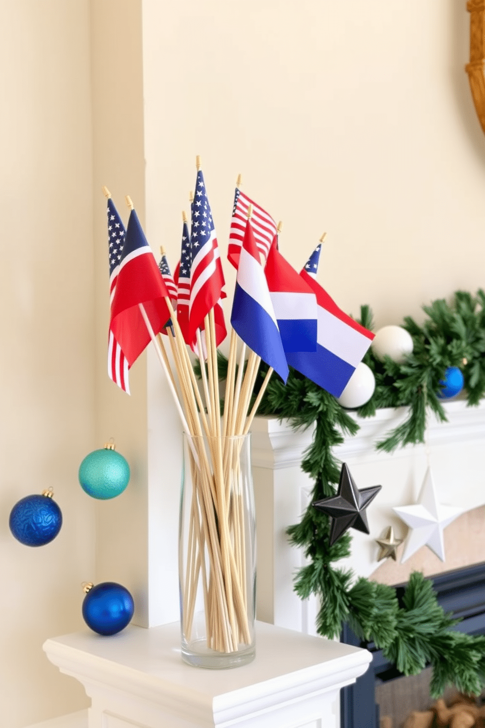 A vibrant vase filled with miniature flags in red, white, and blue stands proudly on a mantelpiece. The fireplace is adorned with festive decorations, including star-shaped ornaments and a garland of greenery, creating a warm and inviting atmosphere for Independence Day celebrations.