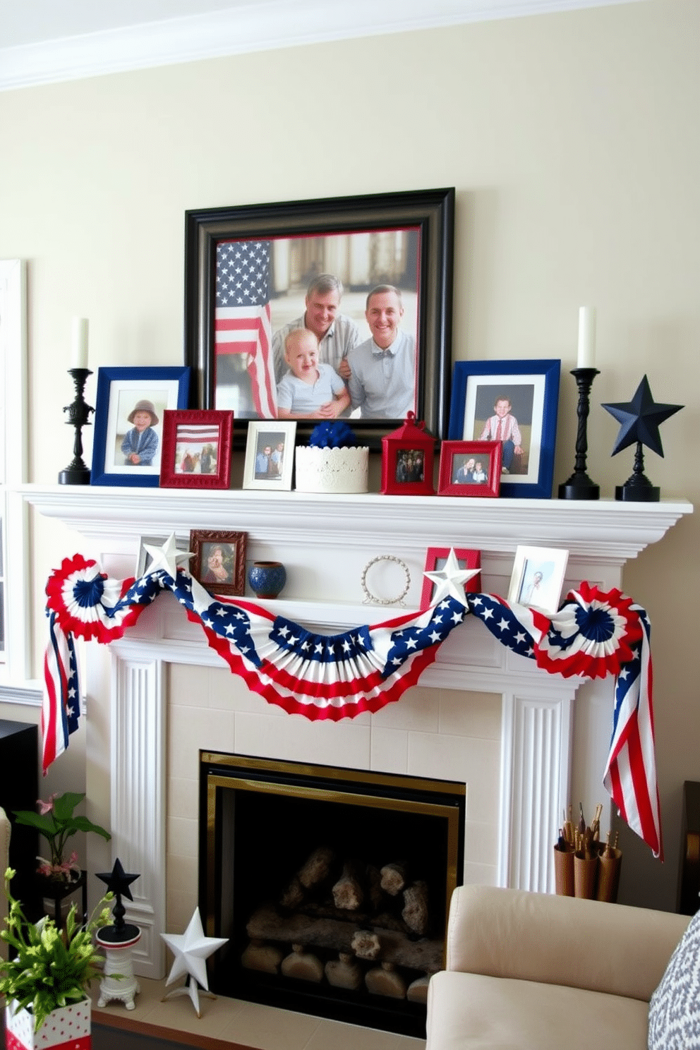 Create an inviting living room setting that celebrates the Fourth of July. The fireplace is adorned with festive picture frames showcasing family memories from past Independence Day celebrations. Red white and blue decorations are tastefully arranged around the mantelpiece. Include a garland of stars and stripes draped elegantly across the top, enhancing the patriotic theme.