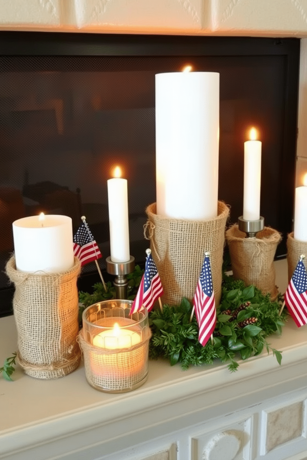 Candle holders wrapped in burlap create a rustic and festive atmosphere for Independence Day celebrations. The warm glow of the candles complements the natural texture of the burlap, enhancing the cozy feel of the fireplace setting. Adorn the fireplace mantel with an arrangement of burlap-wrapped candle holders in varying heights. Surround them with small American flags and seasonal greenery to bring a touch of patriotism to your decor.