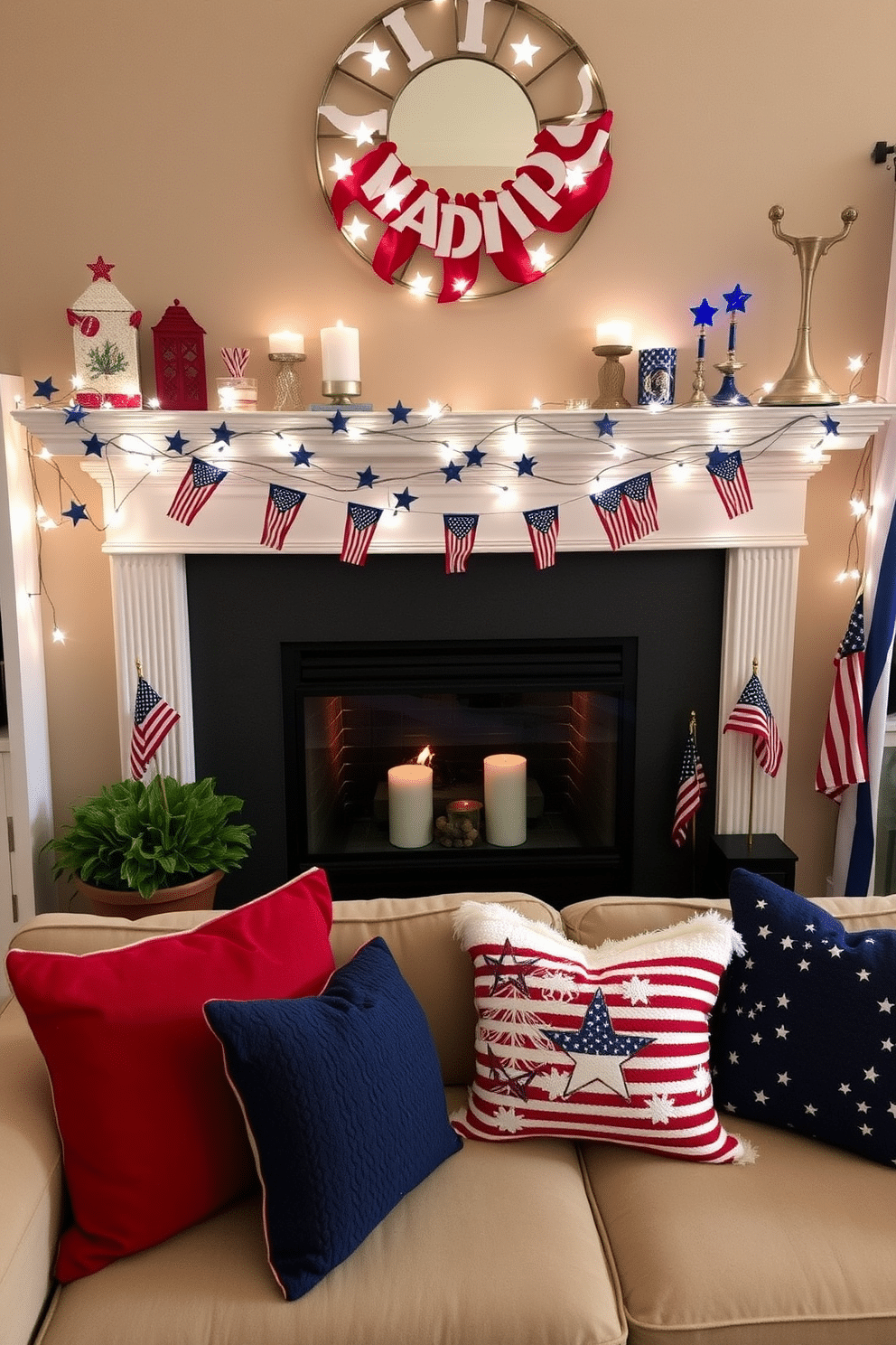 A cozy living room setting adorned for Independence Day. The fireplace is decorated with string lights featuring stars and stripes, creating a festive atmosphere. Red, white, and blue accents are placed around the mantel, including small flags and themed candles. Plush pillows in patriotic colors are arranged on the sofa, inviting guests to relax and enjoy the celebration.