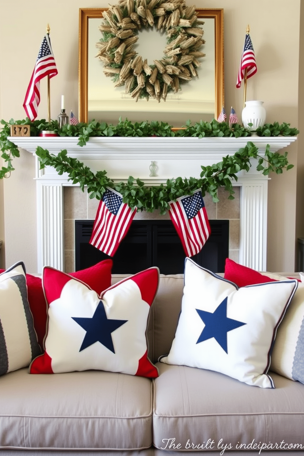 Create a cozy living room setting featuring a fireplace adorned with patriotic themed throw pillows in red white and blue. The fireplace mantel is decorated with small American flags and seasonal greenery to enhance the Independence Day spirit.