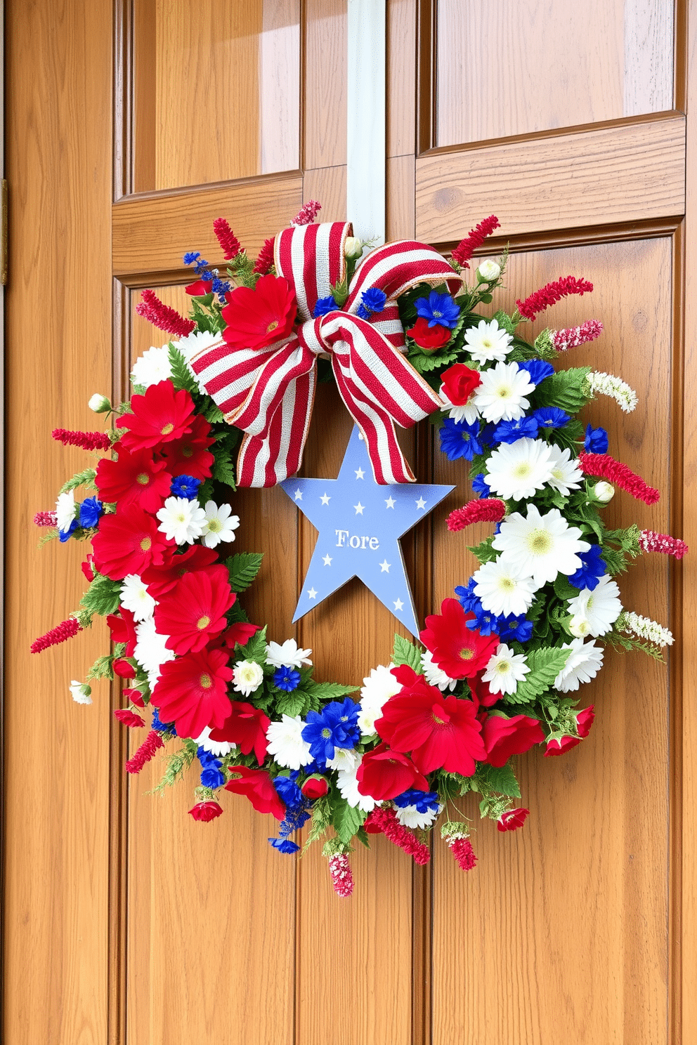 A patriotic wreath adorned with vibrant red white and blue flowers hangs proudly on a front door. The wreath is complemented by a rustic wooden door that adds charm, creating a festive and welcoming atmosphere for Independence Day celebrations.