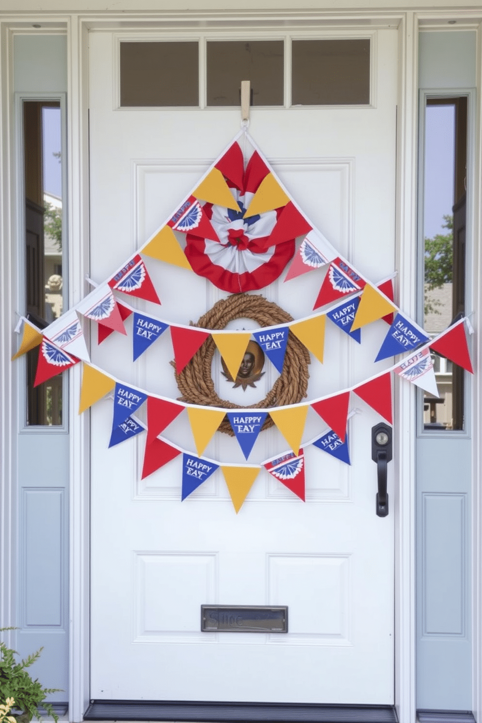 A festive front door adorned with colorful bunting flags celebrating Independence Day. The vibrant flags are draped elegantly across the door, creating a cheerful and inviting atmosphere.