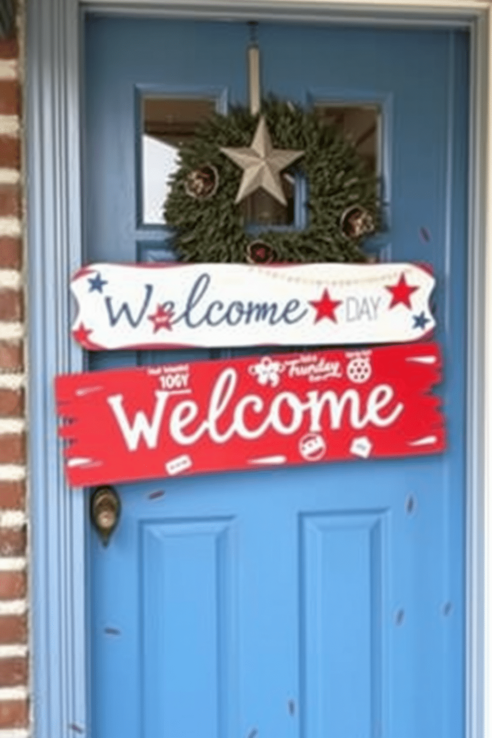 A charming front door adorned with a red white and blue painted wooden welcome sign. The sign features festive stars and stripes, creating a vibrant and patriotic display for Independence Day.