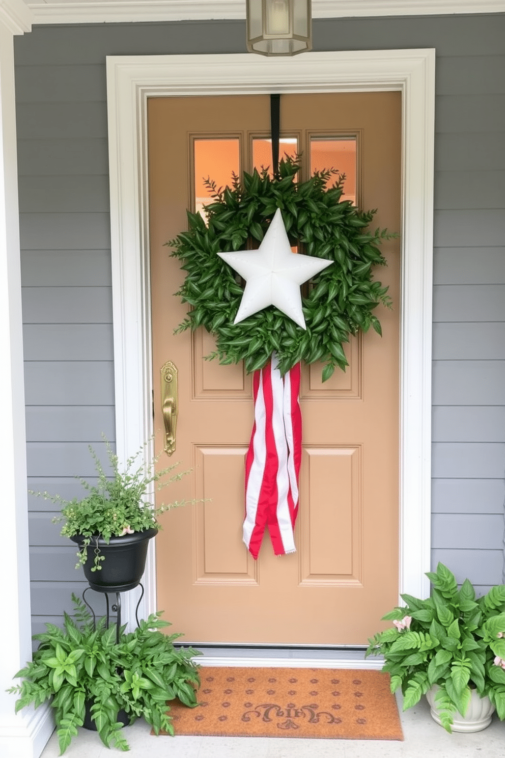 A charming front door adorned with a stars and stripes door swag, celebrating Independence Day. The swag is complemented by lush greenery, creating a festive and inviting entrance.