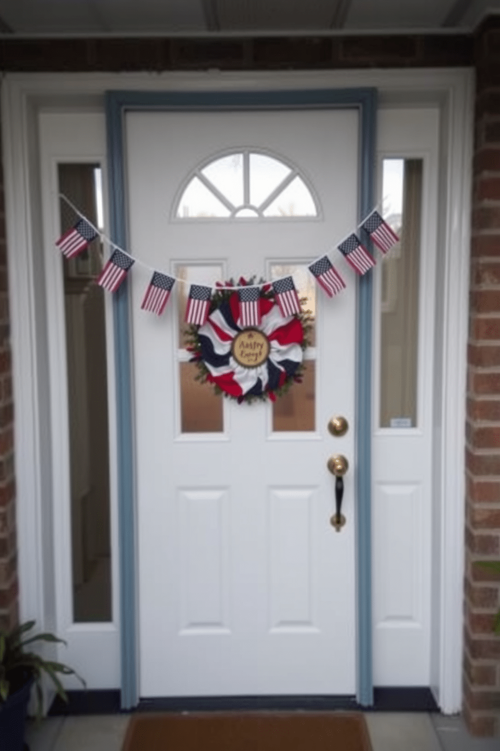 A cheerful front door adorned with a miniature flag garland celebrating Independence Day. The garland features small red white and blue flags strung across the top creating a festive atmosphere.