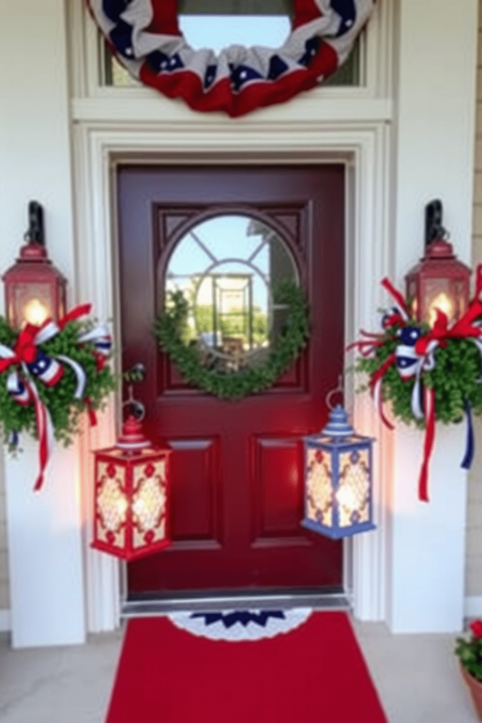 A festive front door adorned with red white and blue lanterns on either side creates a welcoming atmosphere for Independence Day celebrations. The lanterns are intricately designed, casting a warm glow that enhances the patriotic theme of the entrance.