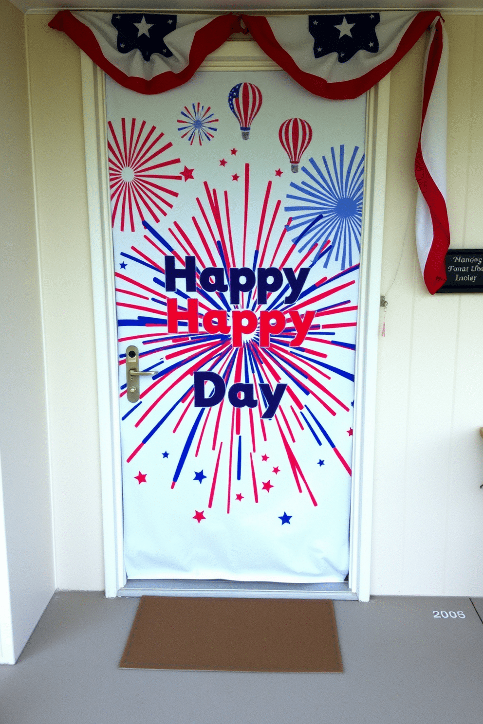 A festive door cover featuring a vibrant fireworks design that celebrates Independence Day. The cover is adorned with red, white, and blue colors, creating a lively and patriotic atmosphere for the front entrance.