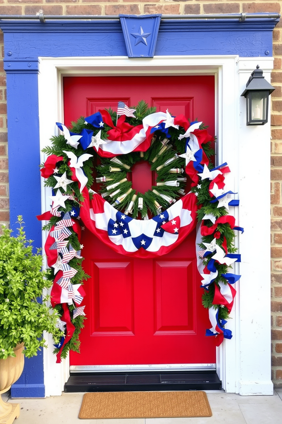 A patriotic door frame adorned with a vibrant garland celebrates Independence Day. The frame is painted in bold red, white, and blue, enhancing the festive atmosphere of the front door.