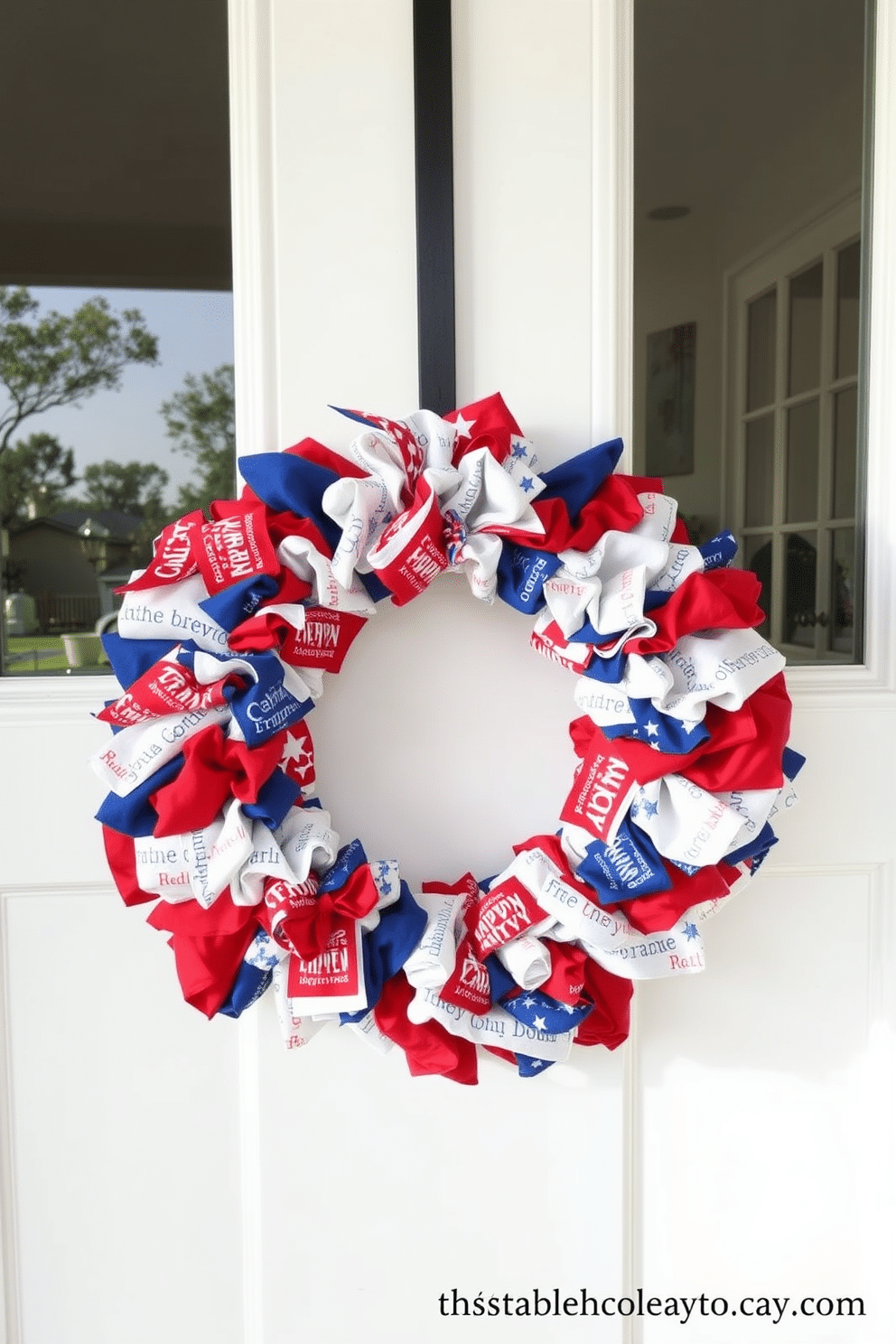 A vibrant wreath crafted from red white and blue fabric adorns the front door, celebrating the spirit of Independence Day. The wreath features an array of textures and patterns, creating a festive and inviting entrance to the home.