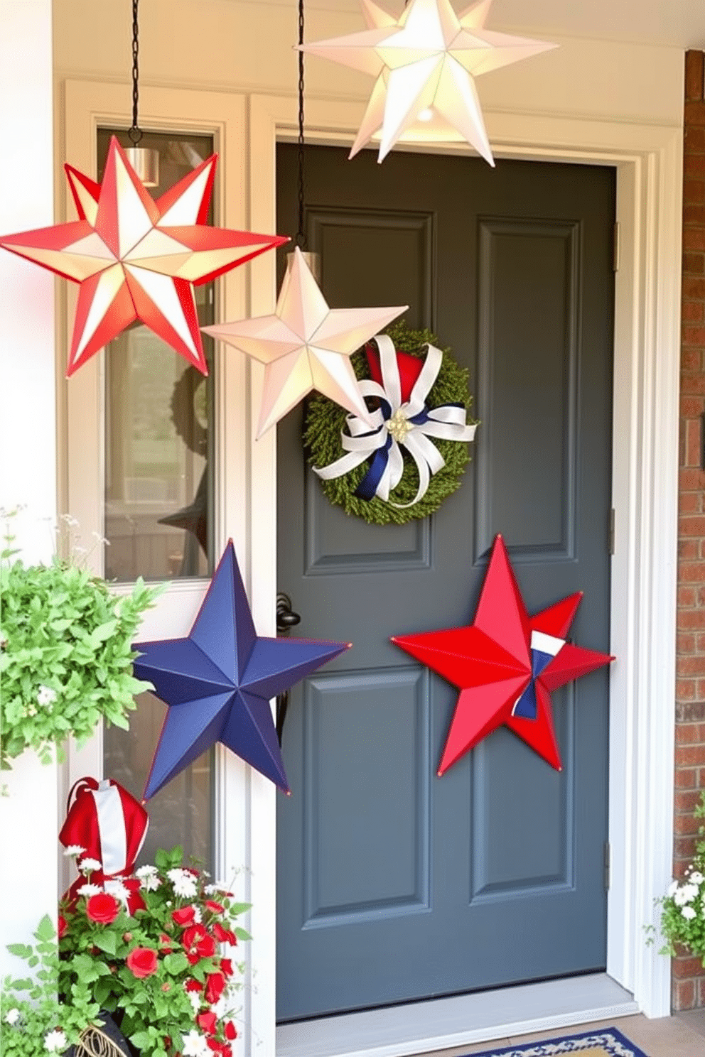 A charming front door decorated for Independence Day features hanging patriotic star lanterns that create a festive atmosphere. The vibrant red, white, and blue colors of the lanterns add a touch of celebration and warmth to the entrance.