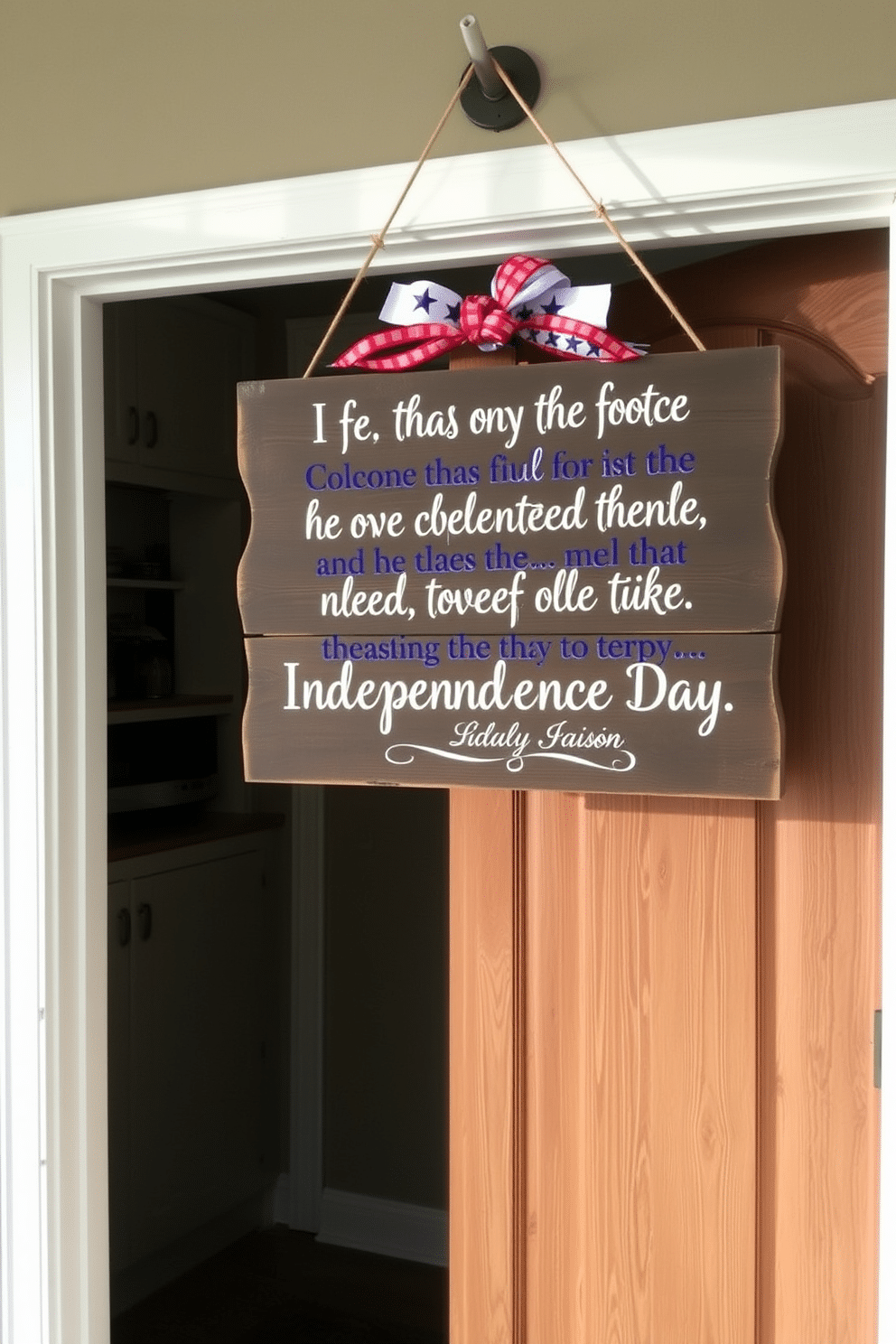 A rustic wooden door sign hangs proudly at the entrance, featuring a heartfelt quote celebrating Independence Day. The sign is adorned with red, white, and blue accents, creating a warm and inviting welcome for guests.