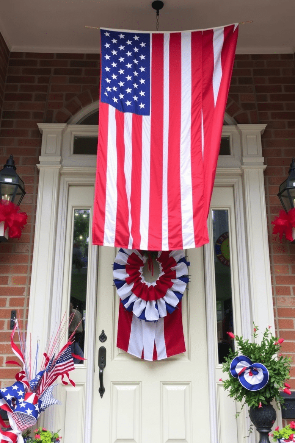 A festive front door adorned with a vibrant hanging American flag banner. The banner drapes elegantly above the entrance, surrounded by red, white, and blue decorations that celebrate Independence Day.