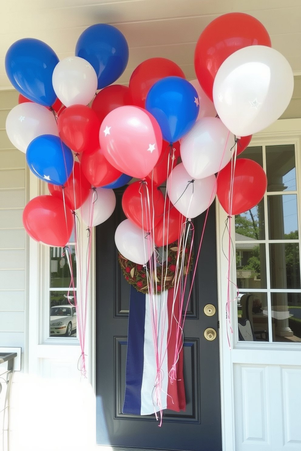 A festive front door adorned with red white and blue balloons tied in clusters. The balloons sway gently in the breeze creating a cheerful and patriotic atmosphere for Independence Day celebrations.