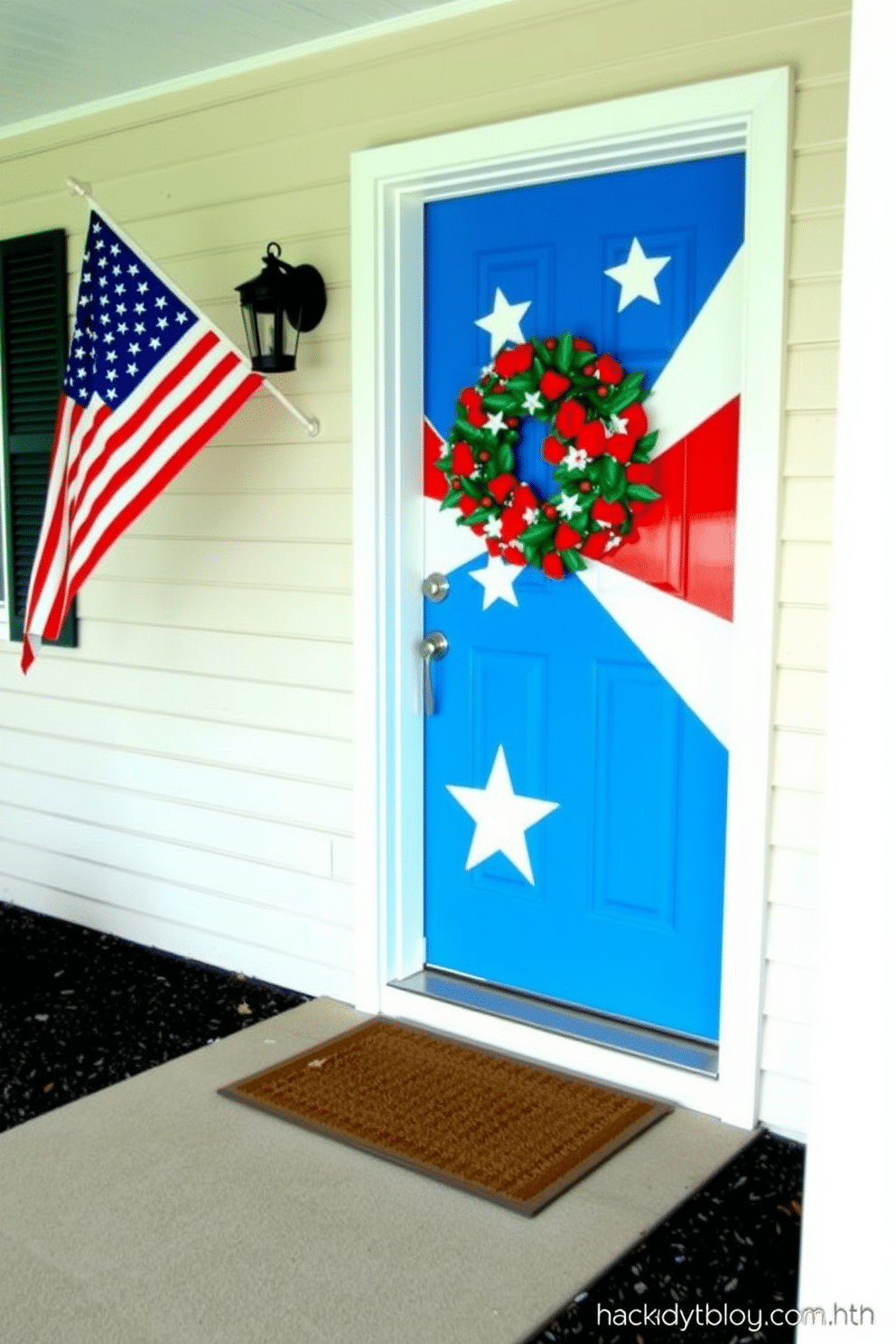 Create a vibrant front door display for Independence Day featuring DIY patriotic door art. Use stencils to craft bold red white and blue designs that celebrate the holiday spirit.