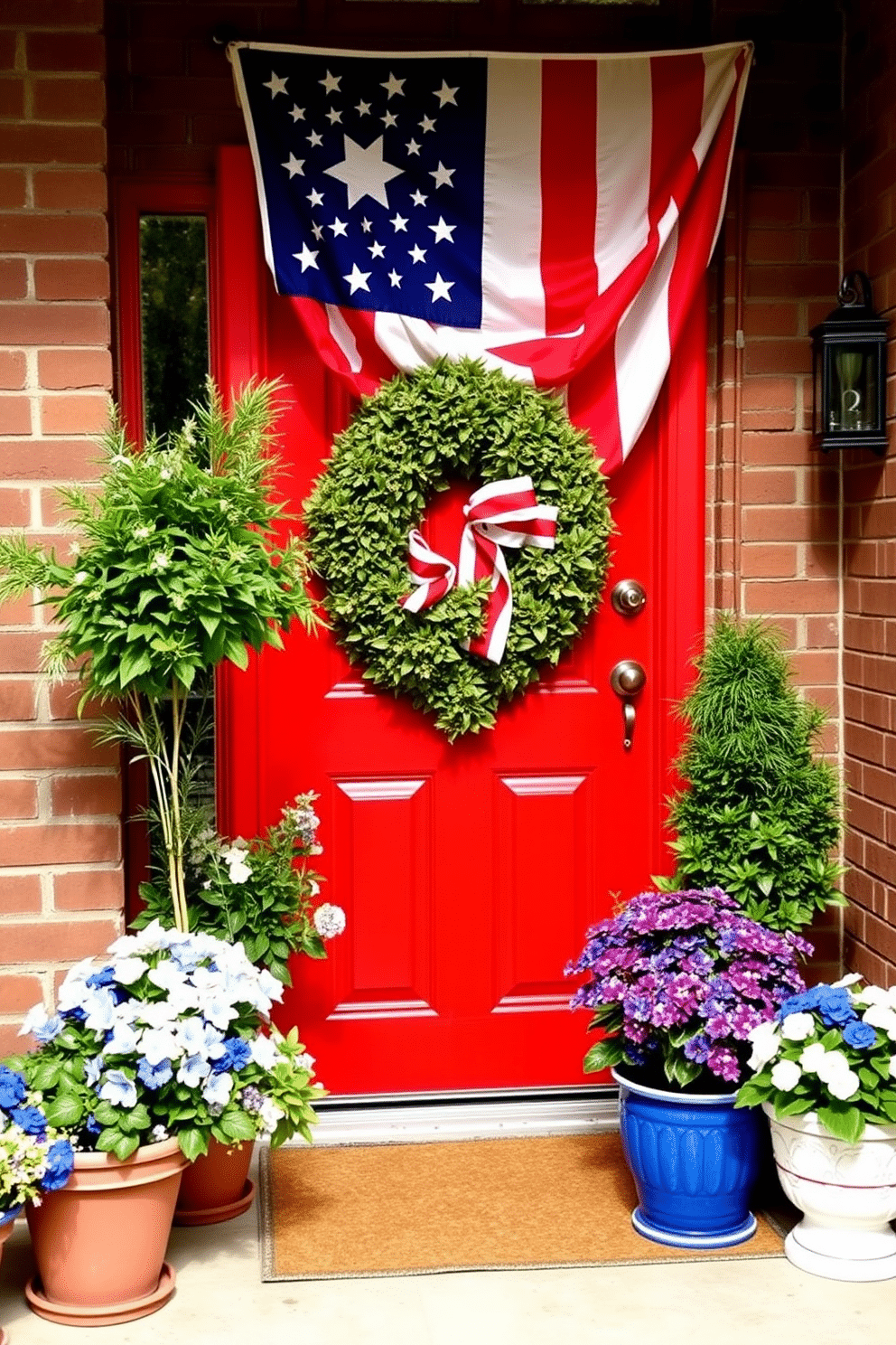 A vibrant front door adorned with a star spangled banner celebrating Independence Day. The door is painted a bright red, and potted flowers in shades of blue and white frame the entrance.