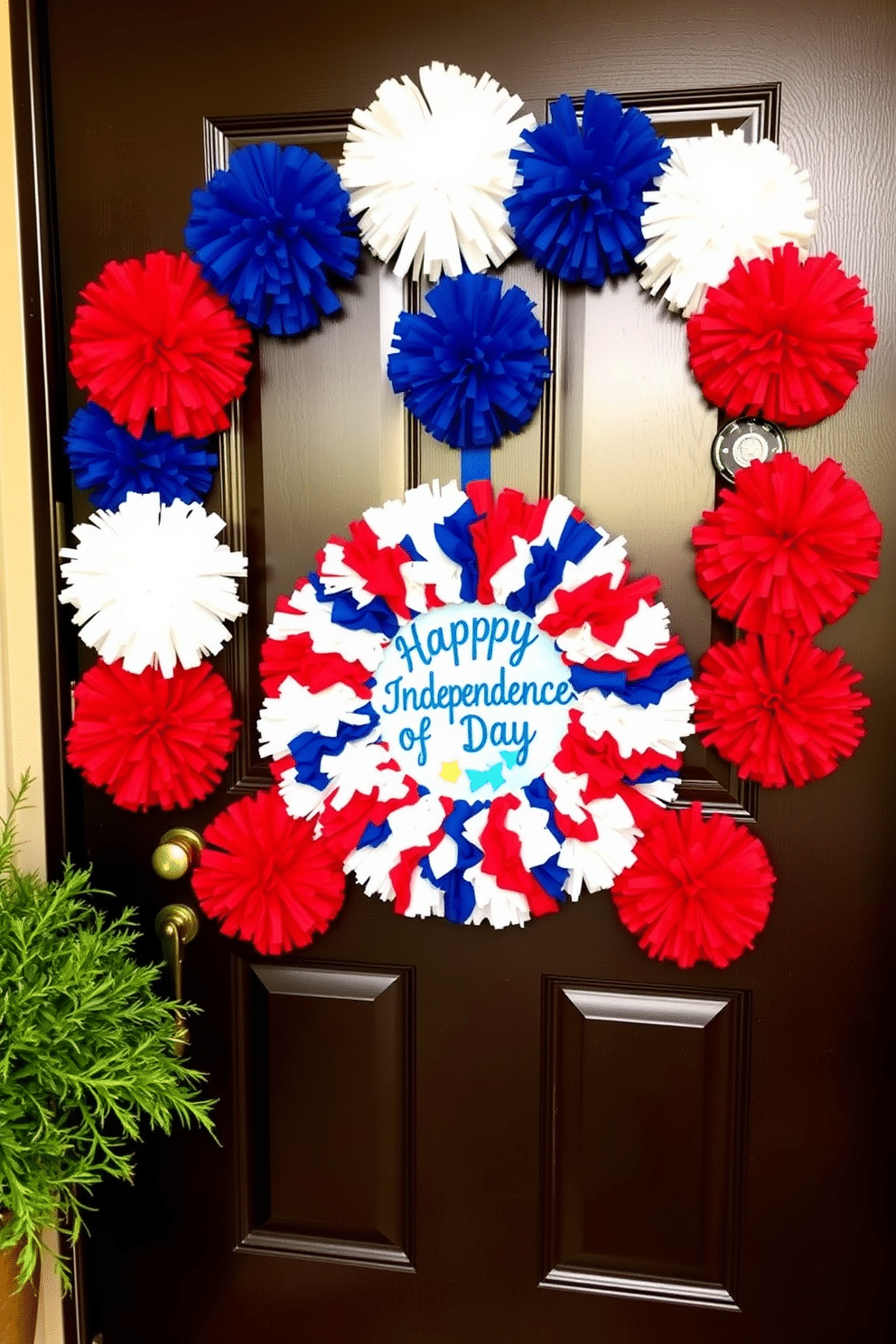 A festive front door adorned with red white and blue pom poms creating a vibrant and welcoming atmosphere. The pom poms are arranged in a playful pattern, complementing a stylish wreath that celebrates Independence Day.