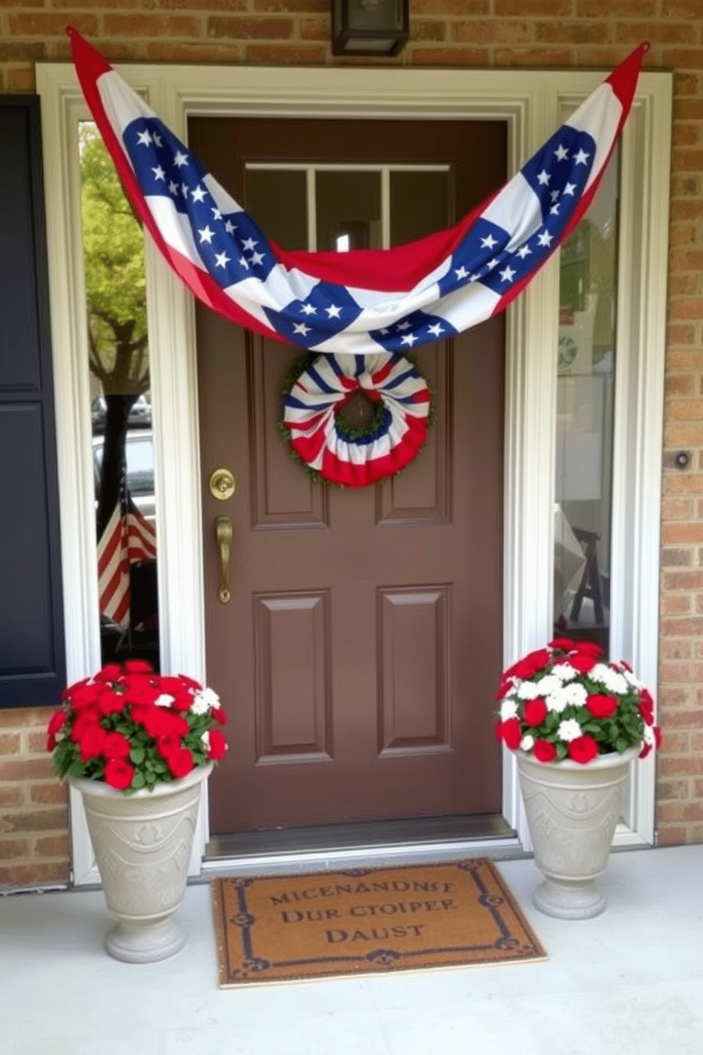 A charming front door setting celebrating Independence Day. The doorway is adorned with vibrant flag-themed bunting that drapes elegantly across the top. Flanking the entrance are potted red, white, and blue flowers that add a festive touch. A small welcome mat with patriotic designs completes the inviting atmosphere.