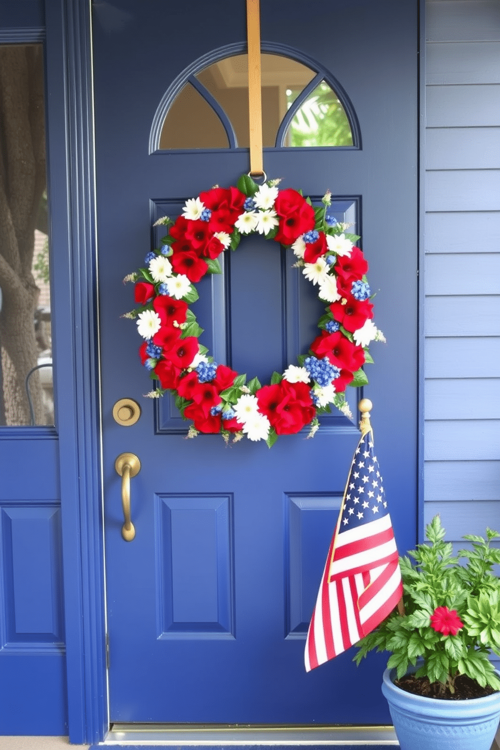 A vibrant front door adorned with a wreath of festive summer flowers in red, white, and blue. The door is painted a bright navy blue, and a small American flag is placed next to a potted plant on the porch.