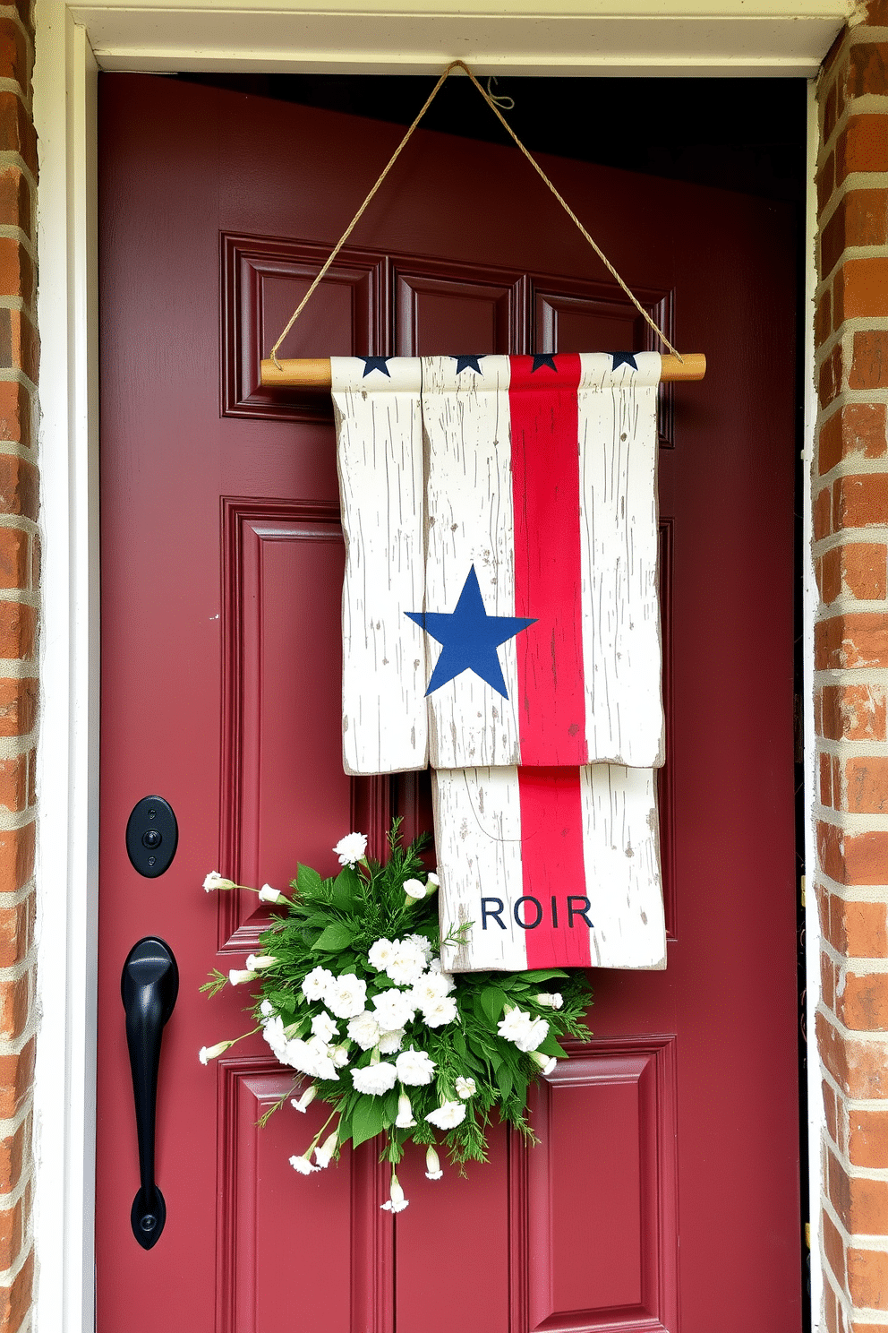 A charming front door adorned with a hanging wooden flag featuring star accents. The flag is painted in red white and blue colors and is complemented by a wreath of white flowers and greenery.