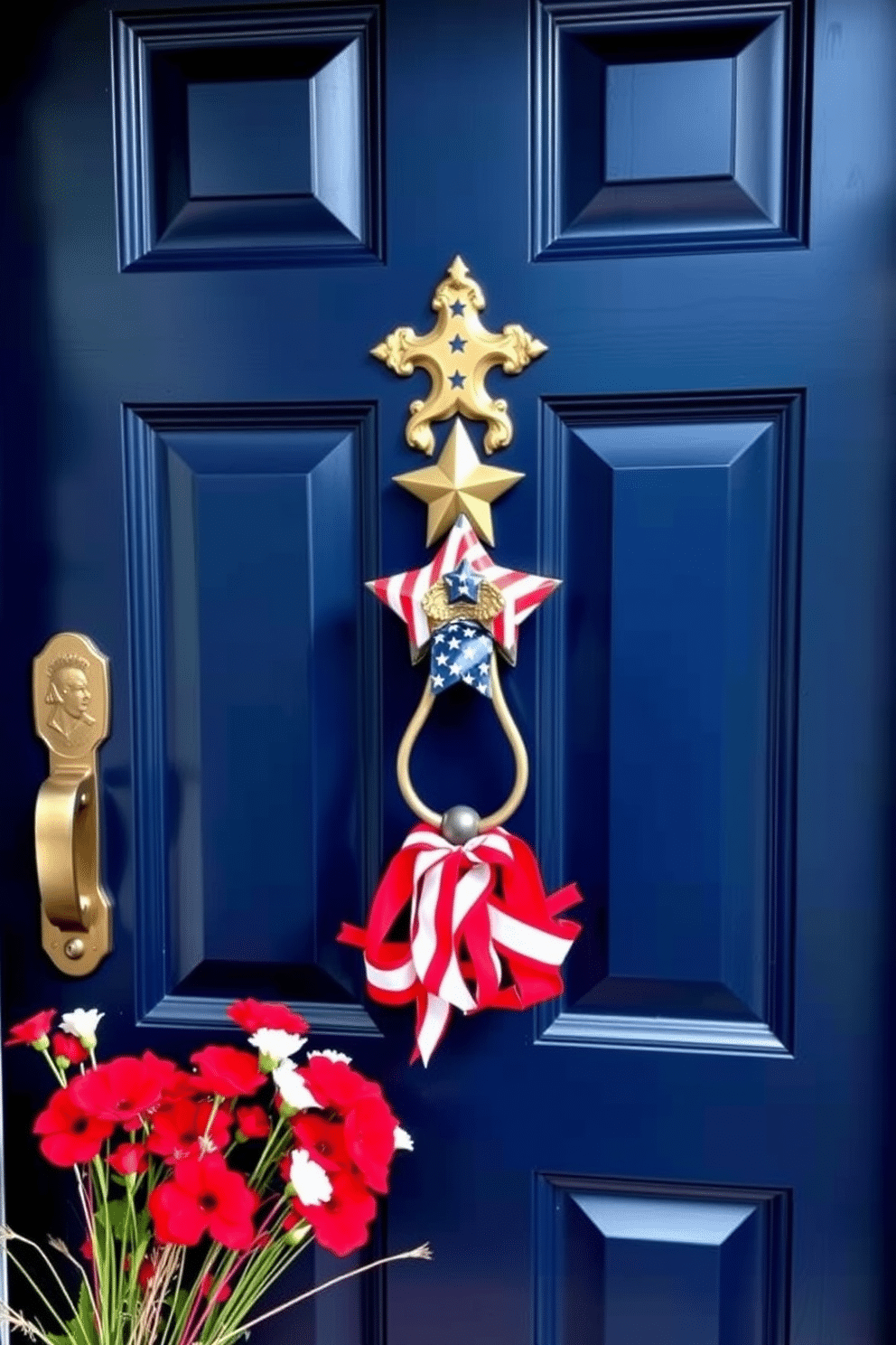 A striking front door adorned with a patriotic themed door knocker featuring stars and stripes. The door is painted in a deep navy blue, complemented by vibrant red and white decorations that celebrate Independence Day.