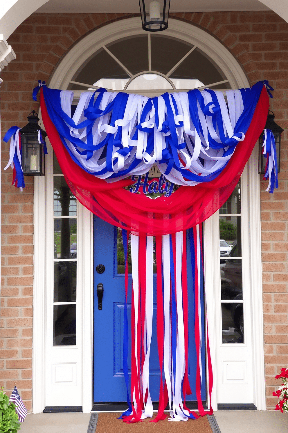 A festive front door adorned with red white and blue streamers cascading elegantly. The vibrant colors create a patriotic atmosphere perfect for celebrating Independence Day.