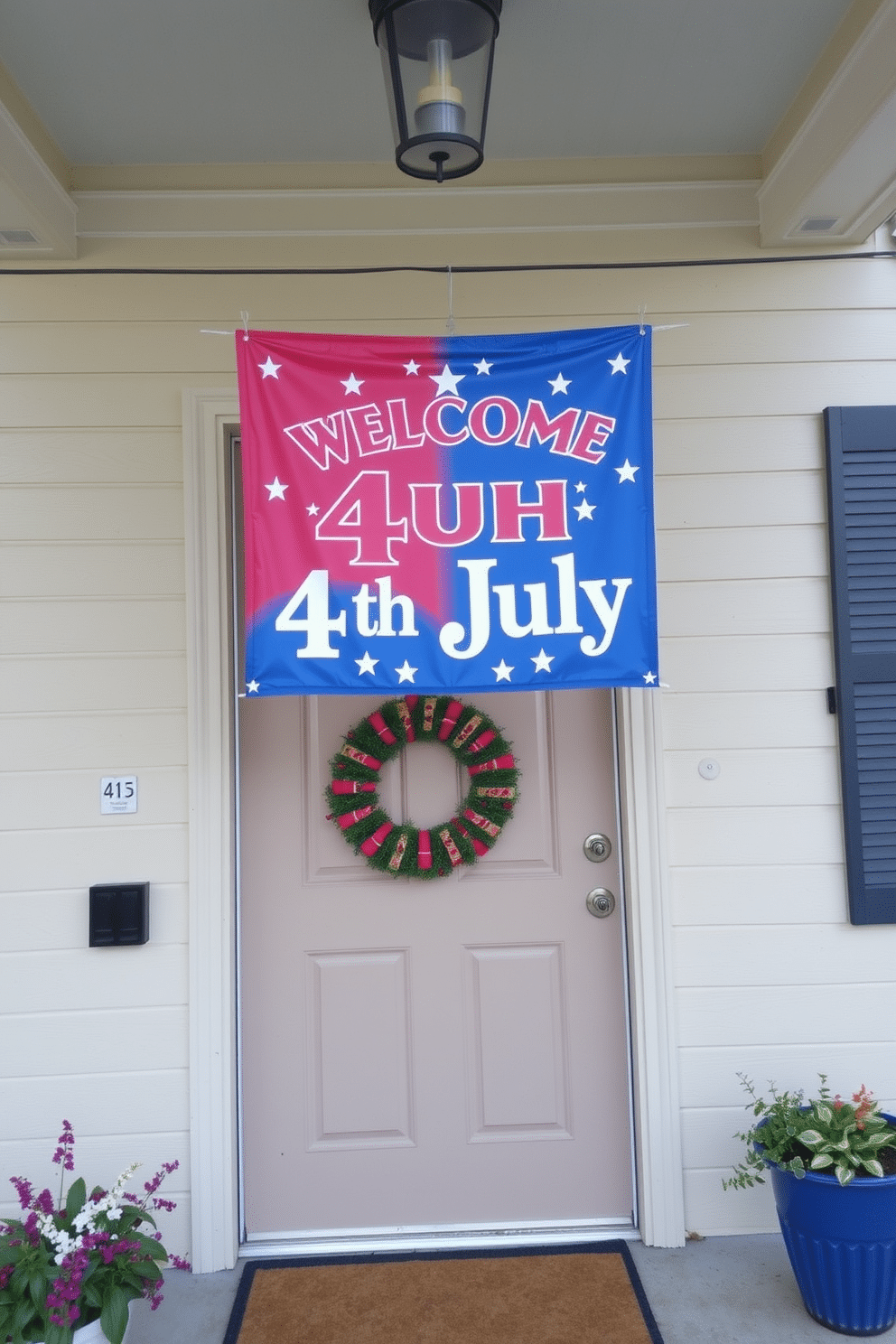 A festive Fourth of July themed welcome banner hangs proudly at the entrance. The banner features vibrant red, white, and blue colors with stars and stripes, creating a cheerful atmosphere for Independence Day celebrations.