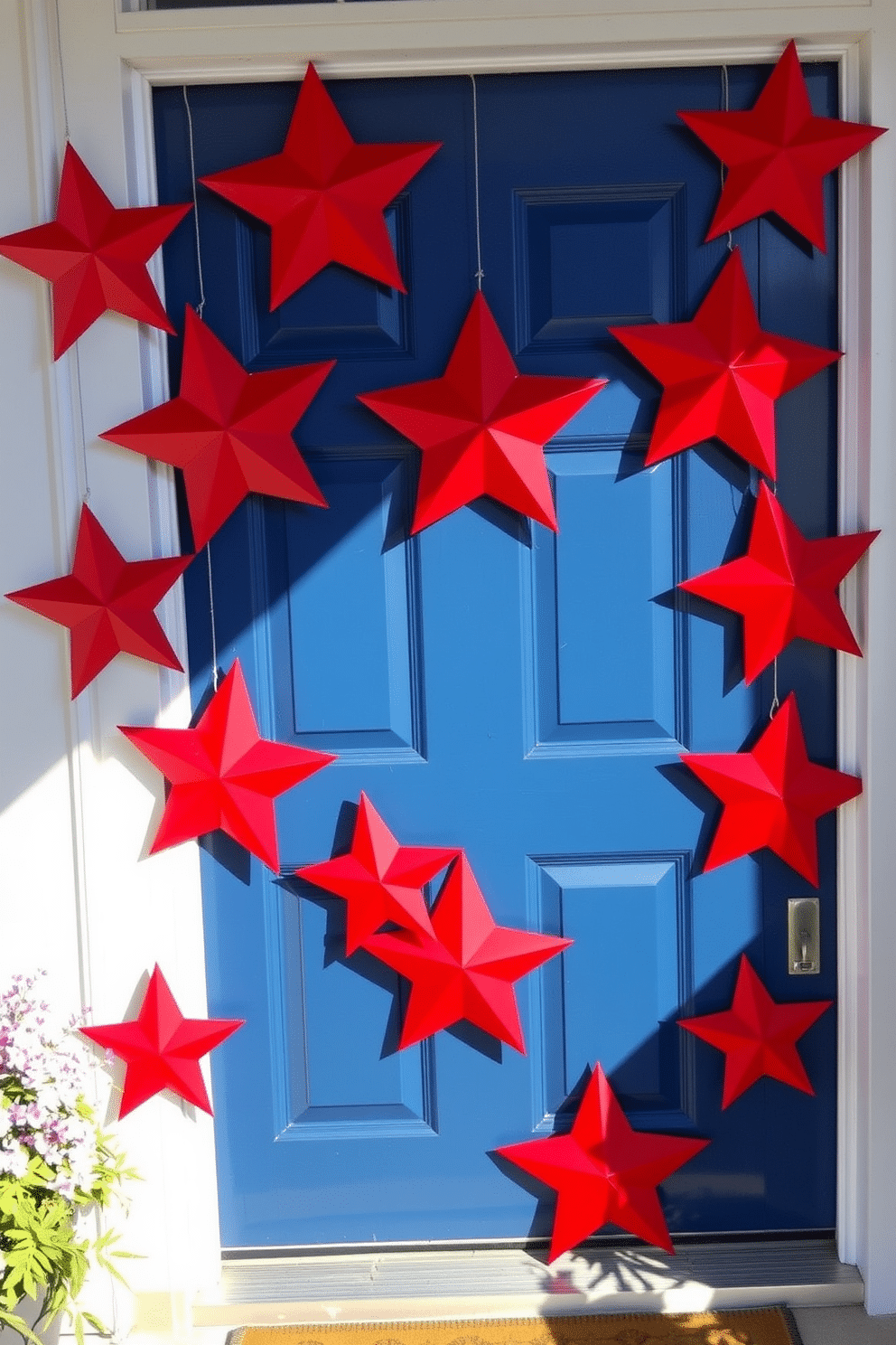 A festive front door adorned with star shaped decorations in vibrant red. The stars are arranged in a playful pattern, celebrating Independence Day with a sense of patriotic charm.