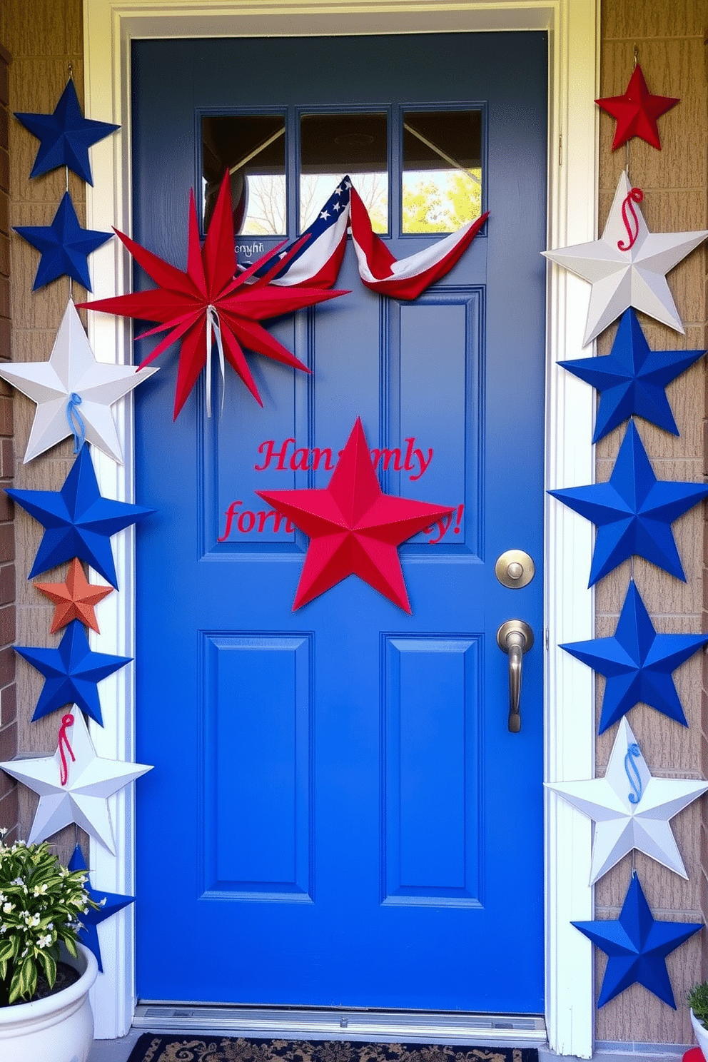 A charming front door adorned with decorative stars celebrating Independence Day. The stars are arranged in a festive pattern along the door frame, creating a vibrant and welcoming entrance.