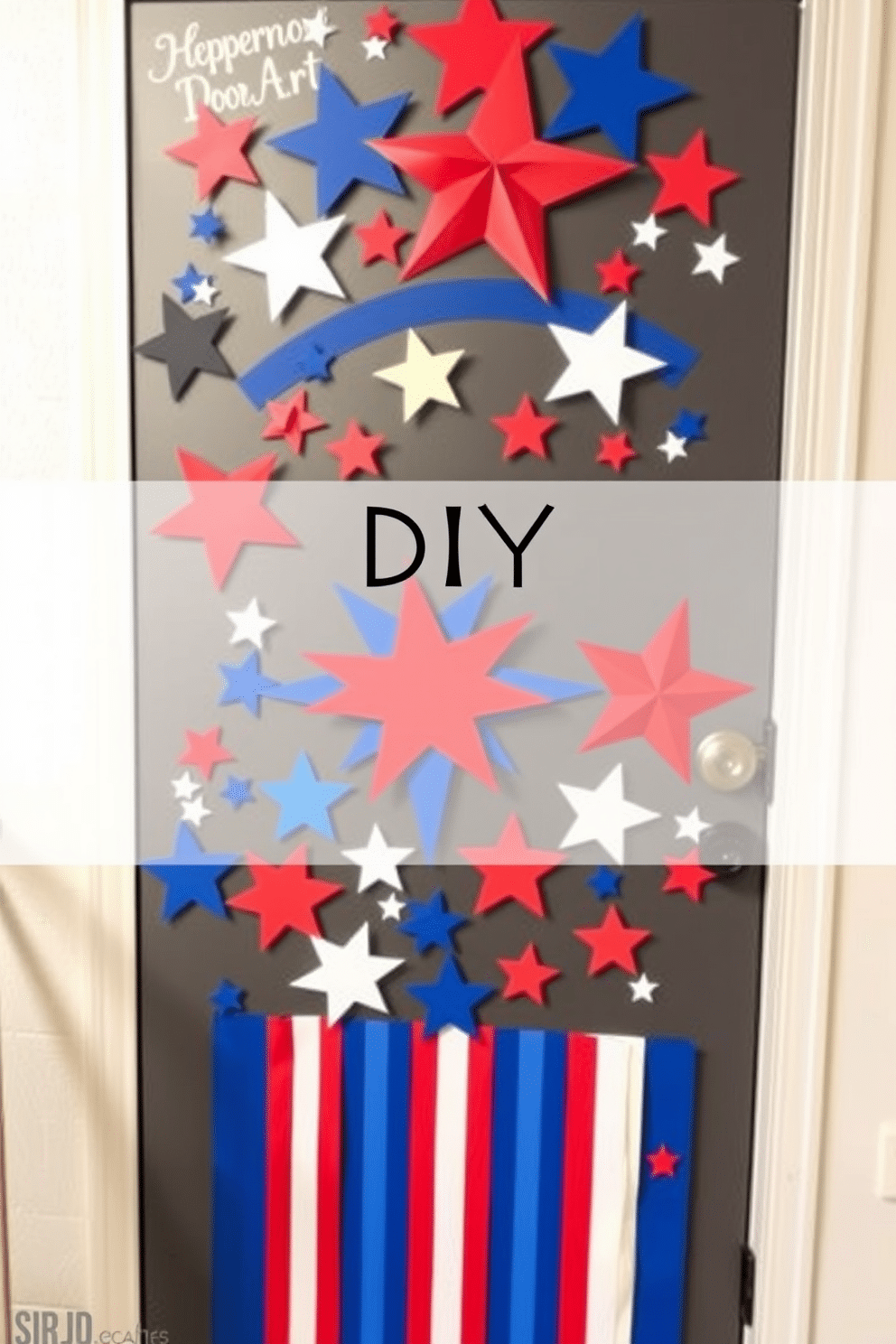 A vibrant display of DIY fireworks door art made from colorful paper. The design features layered stars and stripes in red, white, and blue, celebrating Independence Day with festive flair.