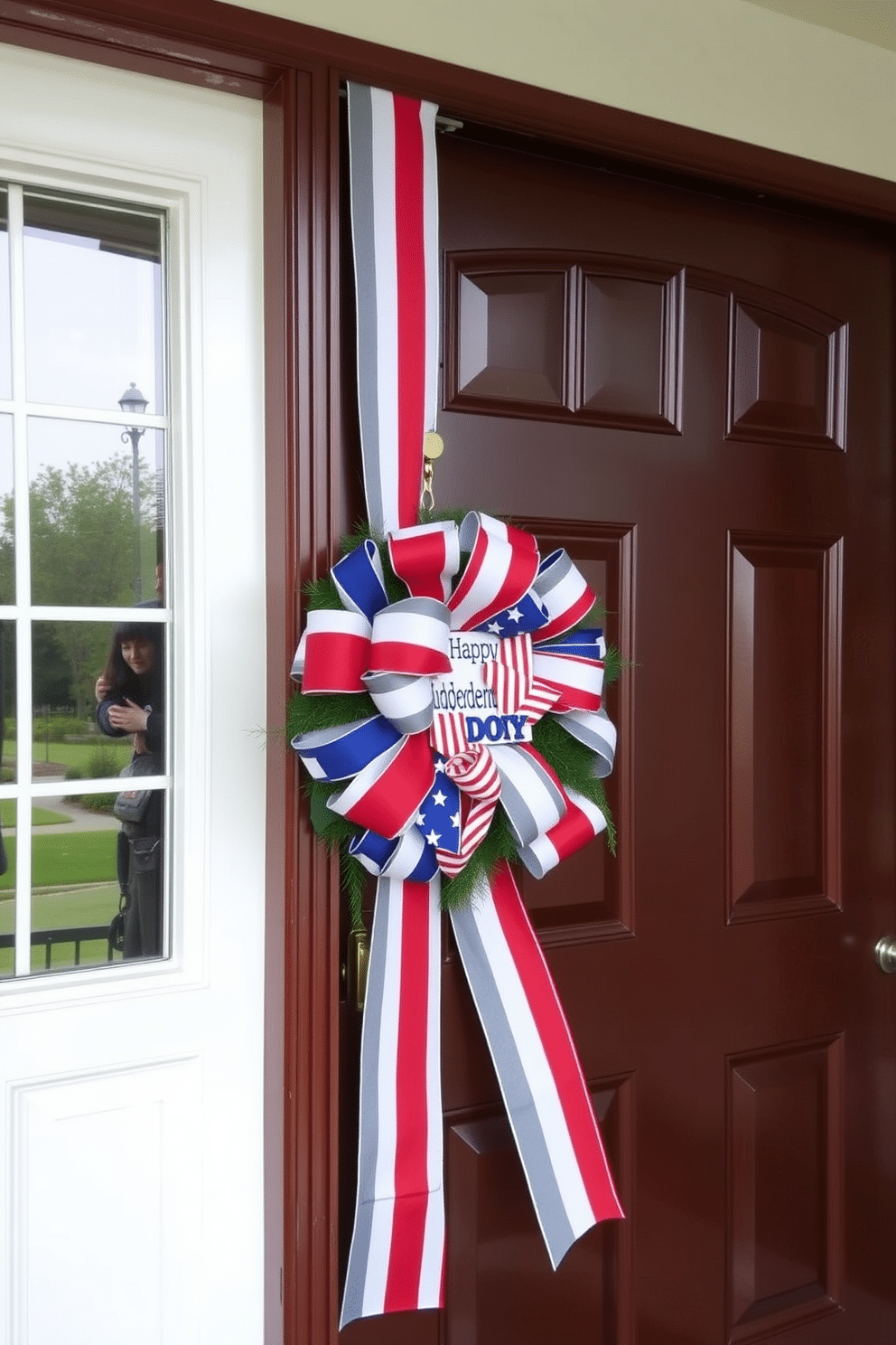 A festive front door adorned with a vibrant red white and blue ribbon elegantly wrapped around the door frame. The door features a classic design with a polished finish, complemented by a decorative wreath that celebrates Independence Day.