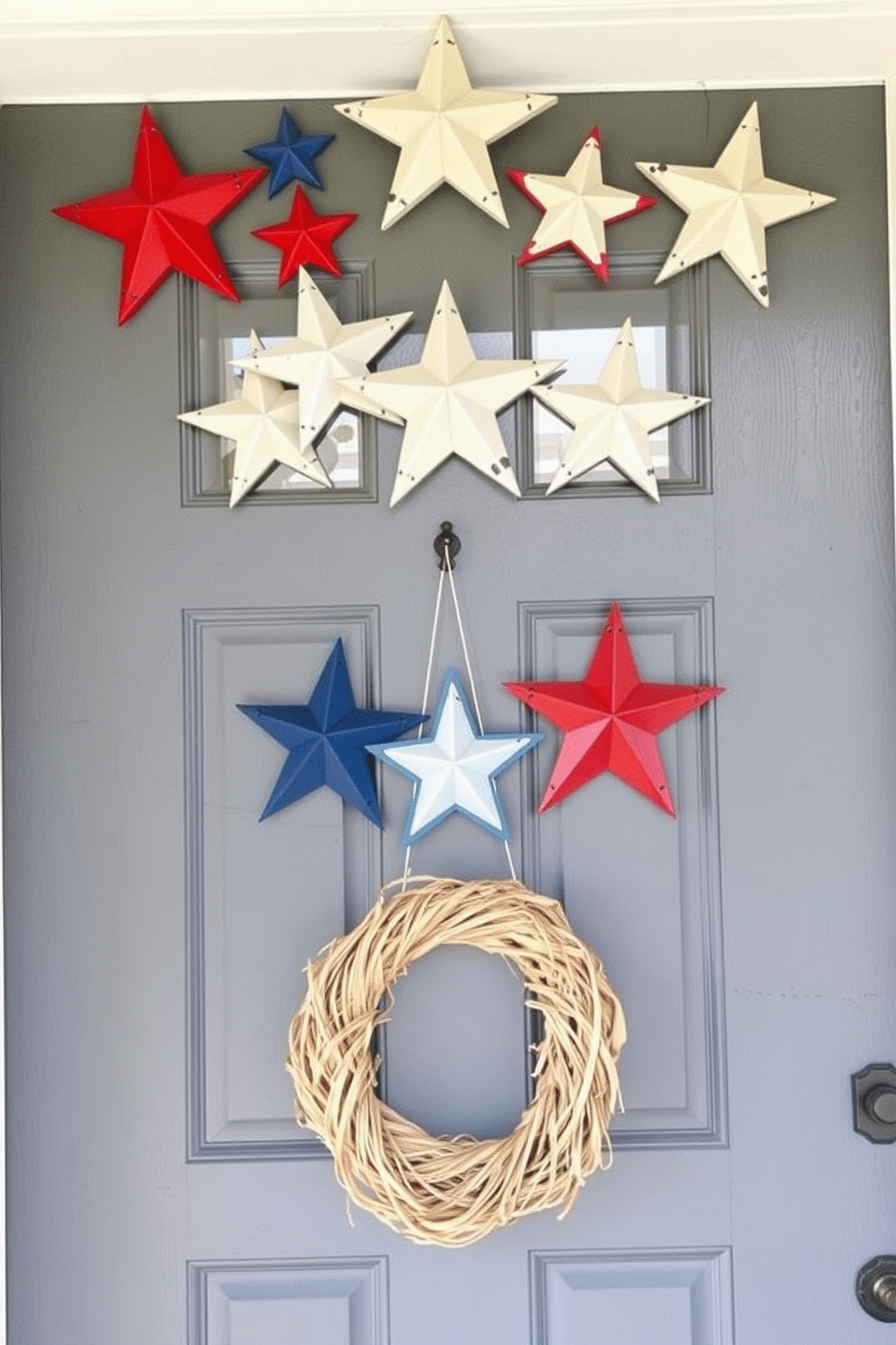 A charming front door adorned with vintage wooden stars in red white and blue hues creates a festive atmosphere for Independence Day. The stars are arranged in a playful pattern above the door, complementing a classic wreath made of natural materials.