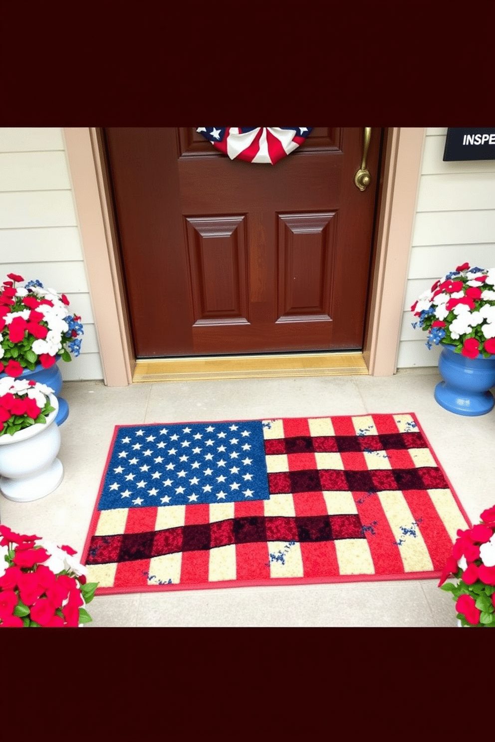 A patriotic door mat featuring a vibrant flag design welcomes guests with a festive touch. The mat is placed at the entrance, surrounded by potted red, white, and blue flowers to enhance the Independence Day theme.