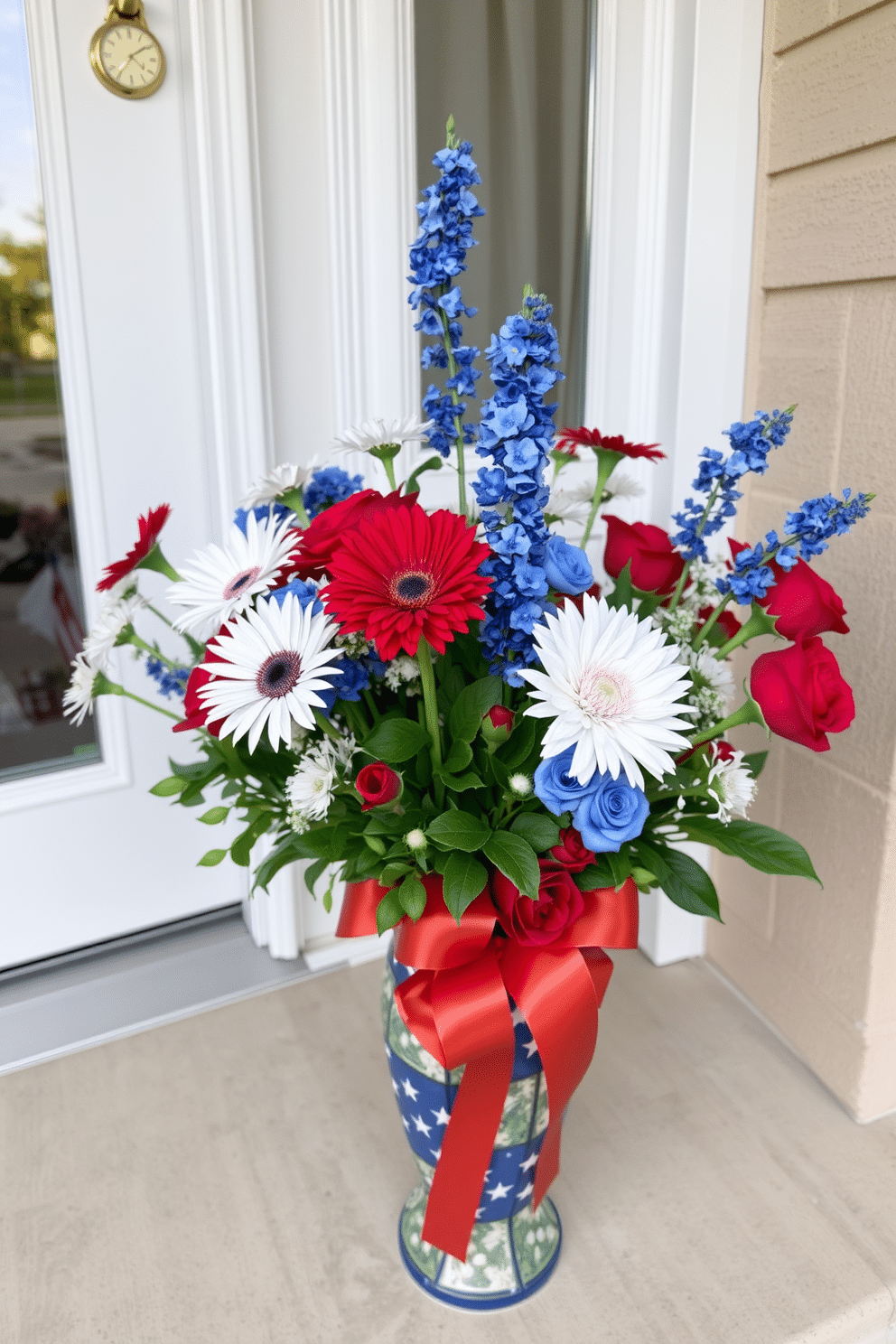 A vibrant floral arrangement featuring red white and blue flowers is placed in a decorative vase at the front door. The arrangement includes daisies and roses, creating a festive atmosphere that celebrates Independence Day.