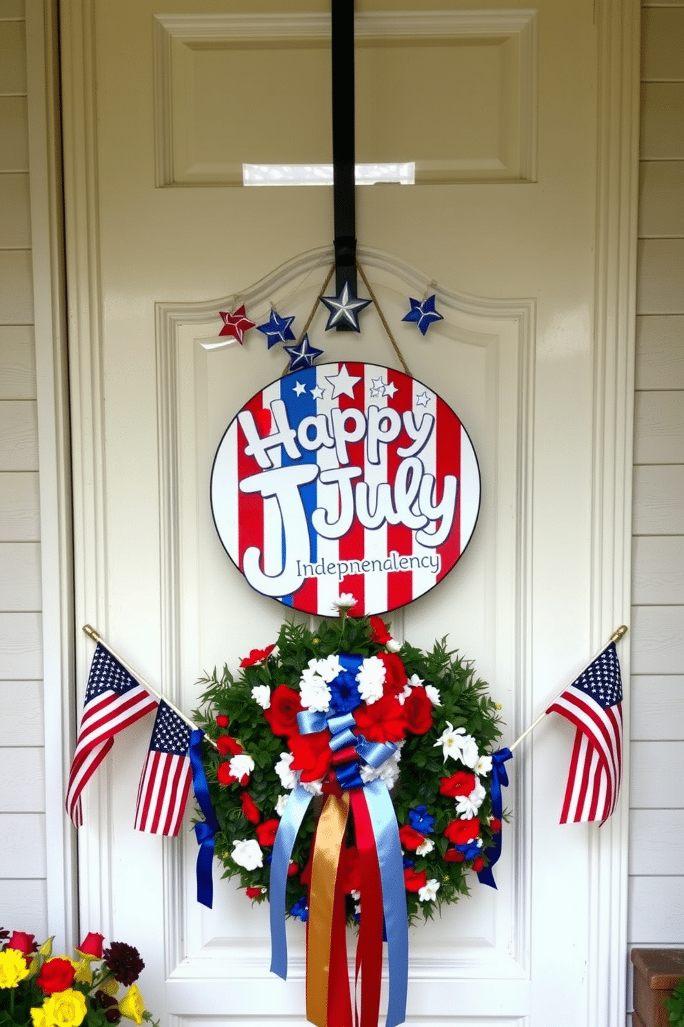 A festive Fourth of July themed door sign welcomes guests with vibrant red white and blue colors. The sign features stars and stripes along with playful lettering that reads Happy Independence Day. Surrounding the door sign are decorative elements such as small American flags and a wreath made of red white and blue flowers. Brightly colored ribbons hang down from the sign adding a cheerful touch to the front door decor.